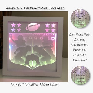 Scatola di ombre in carta tagliata 3D Lightbox SVG PNG Silhouette Cricut di football americano File di taglio a mano con laser a strati