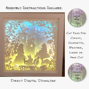 Papier découpé Shadow Box 3D Lightbox SVG PNG Alice Cricut Silhouette découpé au laser en couches carte coupe fichiers à la main