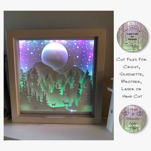 Deer in the Forest Shadow Box SVG design template of a couple walking in the forest with the mountains in the background, can be cut with Cricut, Silhouette Cameo, Brother machines or by hand, designed by The Shadow Box Club