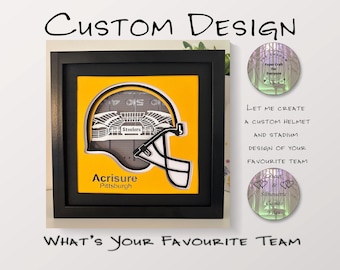Diseño personalizado de casco y estadio para equipos. ¿Cuál es tu equipo favorito? Caja de sombras, caja de luz recortada en papel SVG, PNG, PDF, archivos de corte (descarga digital).
