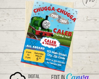 DOWNLOAD DIGITALE ISTANTANEO Invito di compleanno / Percy Train / Invito da stampare a casa / Modello Canva