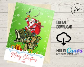 DOWNLOAD DIGITALE IMMEDIATO / Fishing Santa Digital o Print at Home Christmas Card (fronte-retro)