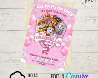 DOWNLOAD DIGITALE ISTANTANEO Invito di compleanno / Festa per cuccioli "All Paws on Deck" / Invito da stampare a casa / Modello Canva