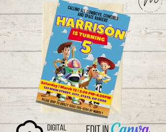 DOWNLOAD DIGITALE IMMEDIATO Invito Toy Story / Compleanno / Stampa a casa / Modello Canva