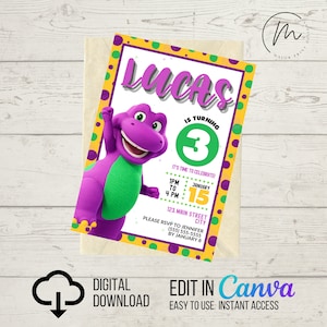 INSTANT DIGITAL DOWNLOAD Birthday Invitation | Purple Dinosaur | Print at Home Invite | Canva Template