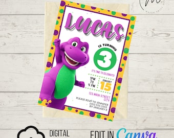 DOWNLOAD DIGITALE ISTANTANEO Invito di compleanno / Dinosauro viola / Invito da stampare a casa / Modello Canva
