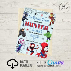 INSTANT DIGITAL DOWNLOAD Birthday Invitation | Spidey and Friends | Print at Home Invite | Canva Template