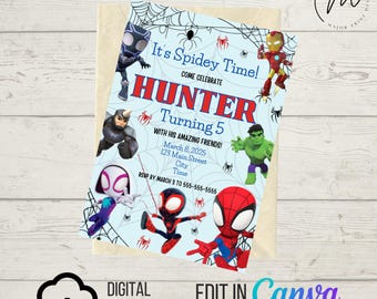 DOWNLOAD DIGITALE ISTANTANEO Invito di compleanno / Spidey e amici / Invito da stampare a casa / Modello Canva