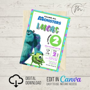 Può includere: Un invito digitale per una festa di compleanno con i personaggi Sulley e Mike del film Monsters & Co. L'invito è blu, verde e viola con pois bianchi. Il testo sull'invito recita "Calling all Monsters Lucas is turning 2 Join us for a scary good time 3 PM to 6 PM April 2, 2022 123 Main Street City, State, Zip Code Please RSVP to 555-555-5555 by March 25th Additional Information".