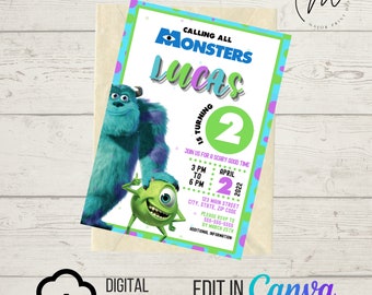 DOWNLOAD DIGITALE ISTANTANEO Invito di compleanno / Monsters Mike / Invito da stampare a casa / Modello Canva