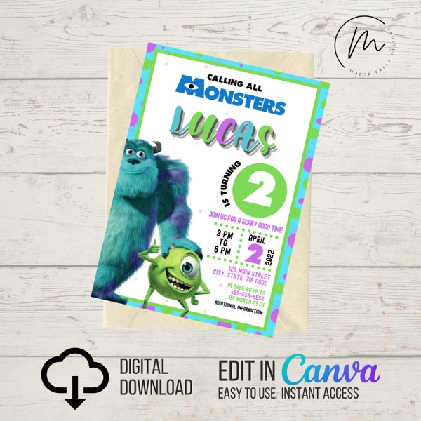 INSTANT DIGITAL DOWNLOAD Birthday Invitation | Monsters Mike | Print at Home Invite | Canva Template