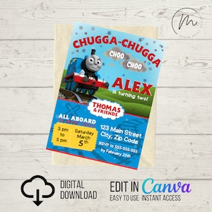May include: A blue and red Thomas the Tank Engine birthday invitation with a train and stars. The invitation says "Chugga-Chugga Choo Choo Alex is turning two!" and includes the text "All Aboard The Birthday Express" and "Thomas & Friends".