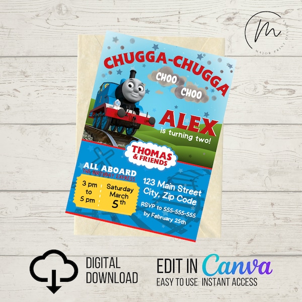 INSTANT DIGITAL DOWNLOAD Birthday Invitation | Thomas Train | Print at Home Invite | Canva Template