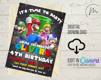 DOWNLOAD DIGITALE ISTANTANEO Invito di compleanno / Compleanno idraulico rosso di livello superiore / Invito da stampare a casa / Modello Canva