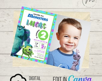 DOWNLOAD DIGITALE ISTANTANEO Invito di compleanno fotografico / Monsters Mike / Invito da stampare a casa / Modello Canva