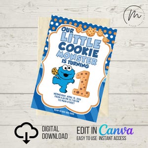 Puede incluir: Una invitación de cumpleaños azul y blanca con el texto "Our Little Cookie Monster is Turning". La invitación presenta un personaje de dibujos animados de Cookie Monster y el número 1. Incluye detalles del evento e información RSVP.