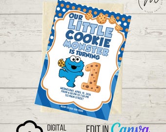 Invito di compleanno digitale scaricabile immediatamente / Tema biscotto blu / Invito per il primo compleanno / Modello modificabile su Canva / Stampa a casa