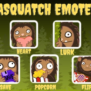Puede incluir: Un conjunto de nueve emoticonos de Sasquatch de dibujos animados con diferentes expresiones. Los emoticonos están en una cuadrícula de tres filas y tres columnas. Los emoticonos son todos marrones y peludos con ojos grandes. Las expresiones incluyen corazón, guardar, palomitas de maíz, acechar, voltear, y más.