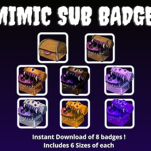 Może przedstawiać: Osiem różnych kolorowych odznak w kształcie skrzyni mimika. Skrzynie są otwarte i mają wystający język. Tekst "MIMIC SUB BADGES" znajduje się w górnej części obrazu. Tekst "Natychmiastowe pobranie 8 odznak! Zawiera 6 rozmiarów każdej" znajduje się w dolnej części obrazu.