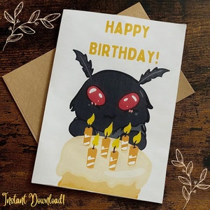 Tarjeta de cumpleaños de MothMan imprimible / Tarjeta de descarga digital de MothMan - Imprima en casa Descarga instantánea Cryptid