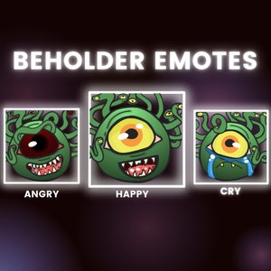 May include: Three cartoon images of a green beholder monster with a single large eye and multiple tentacles. The beholder is shown with different facial expressions: angry, happy, and crying.