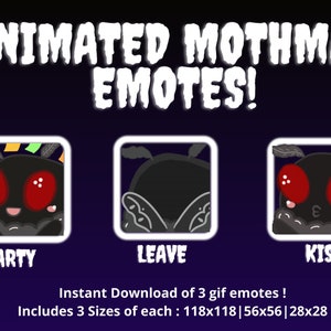 Three Animated Mothman Emotes! Party, Kiss and Leave Gif / Moving cryptid emotes for discord or twitch