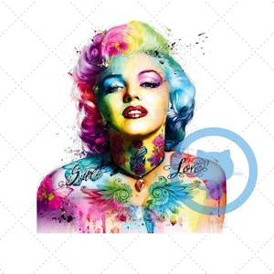 Marilyn tatouée aquarelle vibrante PNG : conception numérique colorée (téléchargement)