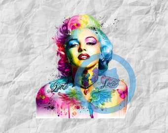 Tattooed Marilyn, Colorful, Beautiful, Cute, PNG, Digital Design, Sublimation Design, Crafting Design, Download