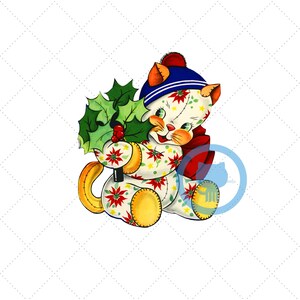 May include: A whimsical illustration of a cat wearing a blue and white striped hat and a red scarf, holding a sprig of holly. The cat is patterned with red poinsettias and yellow stars, with yellow accents.