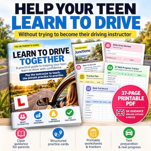 May include: A 37-page printable PDF guide titled Learn to Drive Together, featuring a cover with a driver on a road, a red L plate, and various practice cards, progress trackers, and mock test records for UK driving instruction and practice.