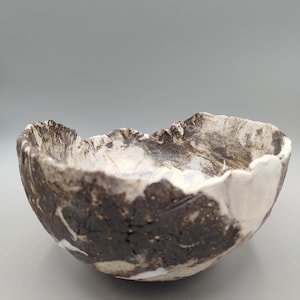 Handmade unglazed cracked ceramic art bowl - black and White sculptural vessel