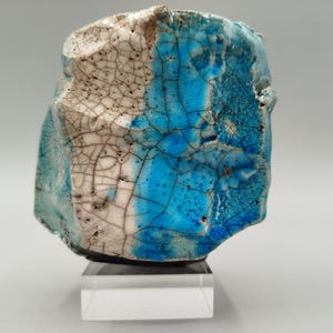 Handmade crackle turquoise/ blue/white raku ceramic cup/vase/sculpture