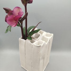 Handmade white porcelain sculpture vase - square, heavy ceramic art piece