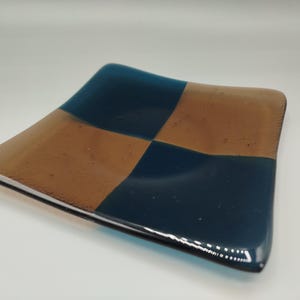Handmade fused glass plate - blue and amber checkered square dish
