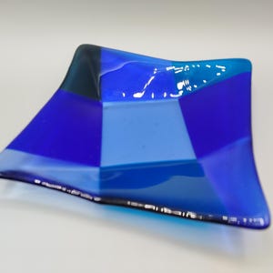 Handmade fused blue transparent glass plate - square art dish
