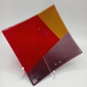 Handmade fused glass square - orange, red and violet