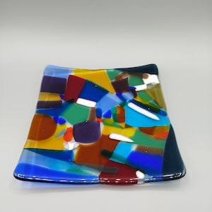 Handmade fused multicolour glass square  plate.
