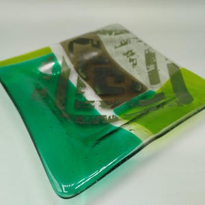 Handmade fused green glass square plate with artistic print