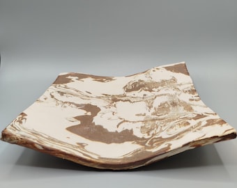 Handmade unglazed wavy ceramic plate - marbled clay sculptural tray