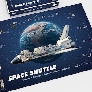 Könnte beinhalten: Ein 1000-teiliges Puzzle und ein fertiges Puzzle mit einem Space Shuttle-Design. Das Puzzle zeigt das Space Shuttle im Flug mit der Erde im Hintergrund. Die Worte "SPACE SHUTTLE" sind auf dem Puzzle aufgedruckt.