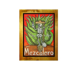 Calavera Mezcalero day of the dead art wall decor framed modern abstract Mexican art loteria magnet sticker unique gift idea tequila mezcal