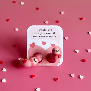May include: Pink and white worm earrings with red heart details, presented on a card with the text "I would still love you even if you were a worm." Heart-shaped confetti is scattered on a pink background.