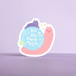 I Go At My Own Pace - Snail With Sleepy Napping Cat, Glossy Die Cut Stickers, Laptop Book iPad Decorations, Take It Slow & Steady