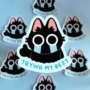 Trying My Best - Mood Black Cat Funny Glossy Die Cut Stickers, Cute Relatable Laptop Notebooks iPad Decoration
