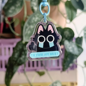 May include: A clear acrylic keyring with a black cat design, pink ears, and white eyes. The keyring has a blue lanyard and the text "TRYING MY BEST" in a light blue rectangle.