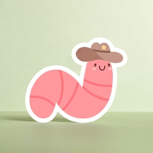 Cowboy Worm - Glossy Die Cut Stickers, Western Theme Pink Wormie For Laptop Notebook iPad Decoration