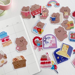 Brown Bear Sticker Pack 23 pcs Cute Journal Planners Kawaii Animal Cartoon Stationery Supplies Stickers Set