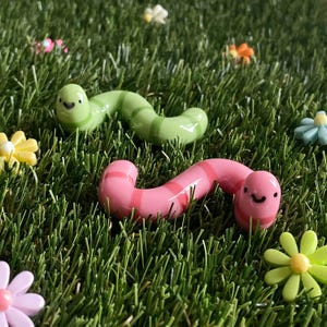 Worm Desk Buddy - Adopt A Mini Earthworm Pet, Cute Handmade Ring Holder, Pen Brush Rest, Pink Green Clay Decorations, Tiny Pot Accessories