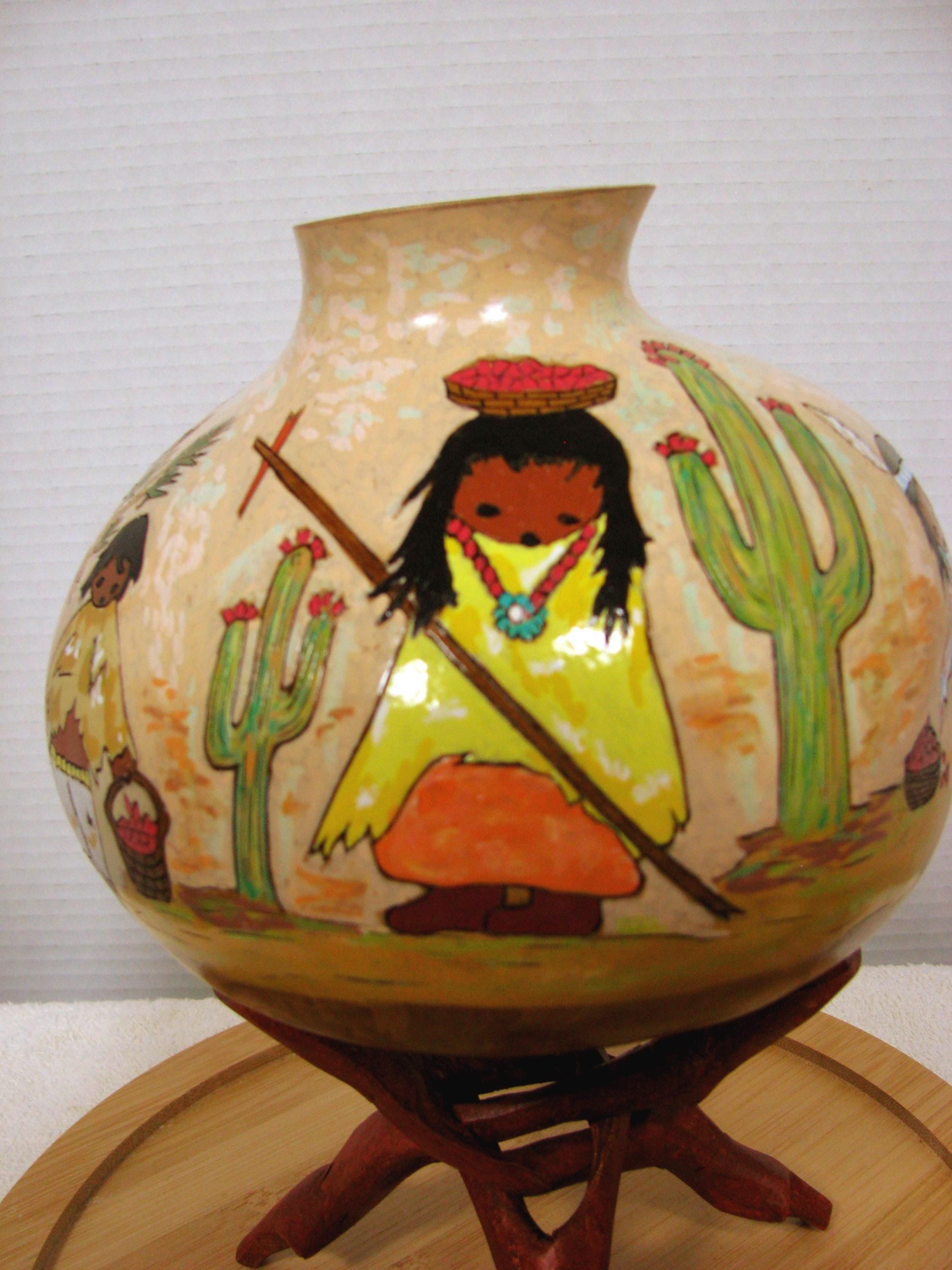 Painted Gourd: Native American Harvest Scene, Desert Art full of natural beauty and familiar scenes typical of this diverse culture.