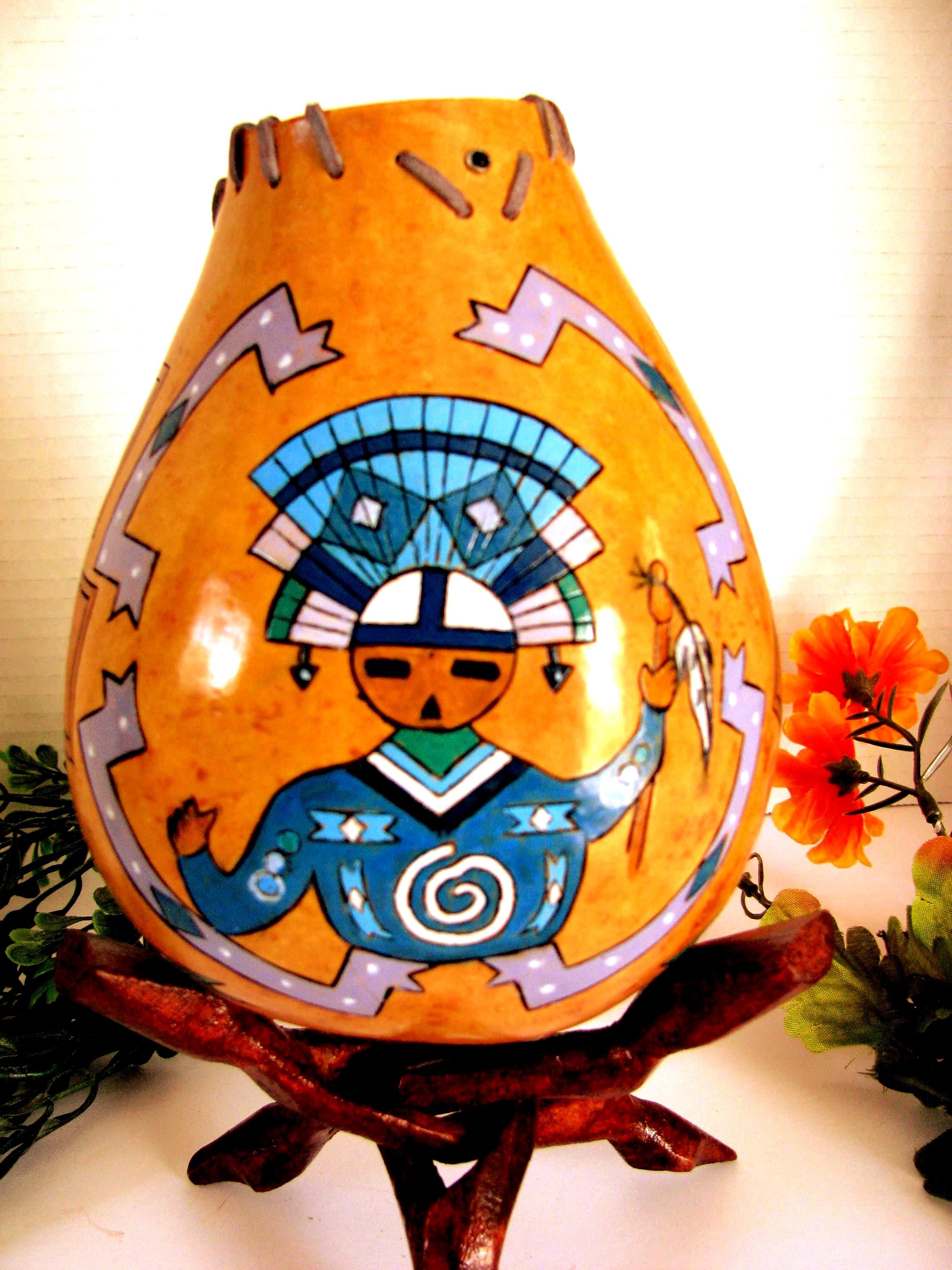 Painted Gourd Kachina Mask: Spirit Tortoise, Obsidian and Turquoise complete with a beautiful Spirit Tortoise.